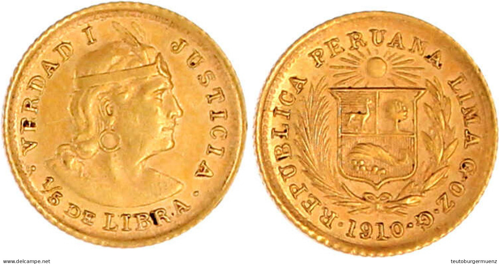 1/5 Libra (1/5 Pound) 1910. 1,60 G. 917/1000. Vorzüglich, Winz. Randfehler. Krause/Mishler 210. - Peru