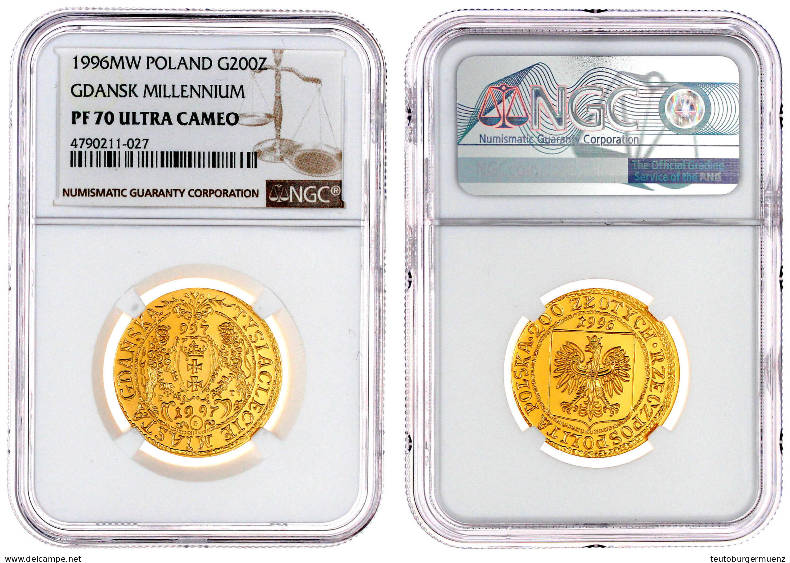 200 Zlotych 1996, 1000 Jahre Gdansk. 15,50 G. 900/1000. Auflage Nur 2000 Ex. NGC Grading PF70 ULTRA CAMEO. Parchimowicz  - Pologne