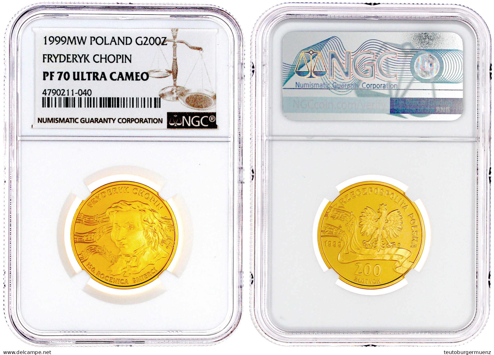 200 Zloty 1999. 150. Todestag Von Frederic Chopin. 15,5 G. 900/1000. Auflage Nur 2200 Ex. NGC Grading PF70 ULTRA CAMEO.  - Polonia