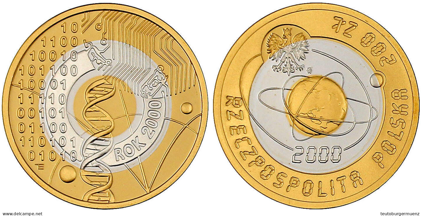 200 Zloty Mit Innenring Aus Silber 2000. Erde Mit Umlaufbahnen/Zahlen Im Dualsystem. 10,83 G. 900/1000 Gold Und 2,77 G.  - Polonia
