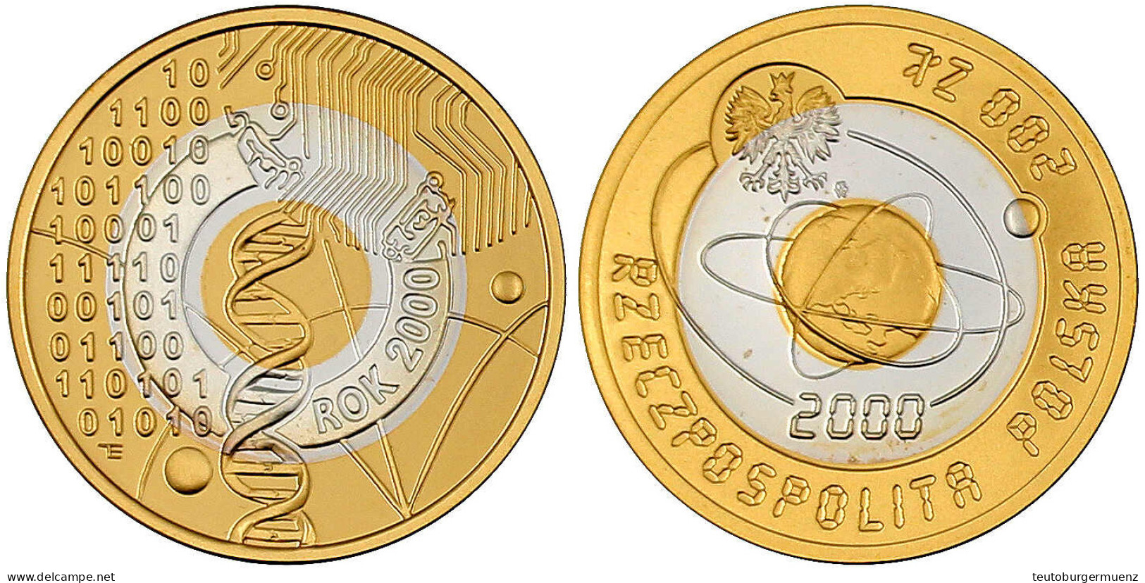 200 Zloty Mit Innenring Aus Silber 2000. Erde Mit Umlaufbahnen/Zahlen Im Dualsystem. 10,83 G. 900/1000 Gold Und 2,77 G.  - Polonia