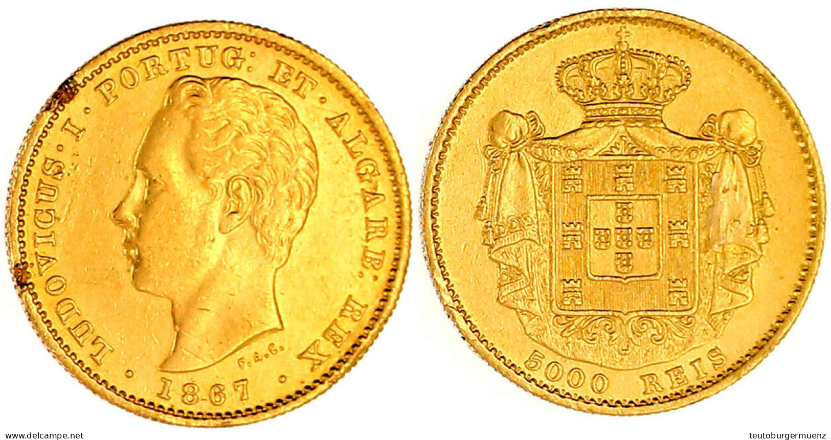 5000 Reis 1867. 8,87 G. 917/1000. Sehr Schön, Fassungsspuren. Friedberg 153. Krause/Mishler 516. - Portugal