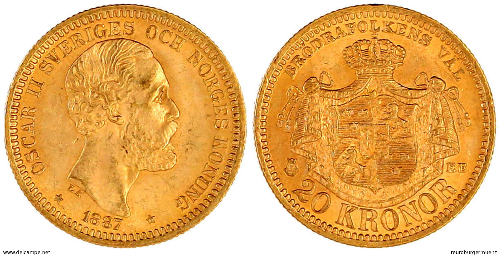 20 Kronor 1887 EB. 8,96 G. 900/1000. Fast Stempelglanz, Selten. Friedberg 93a. Krause/Mishler 748. - Zweden