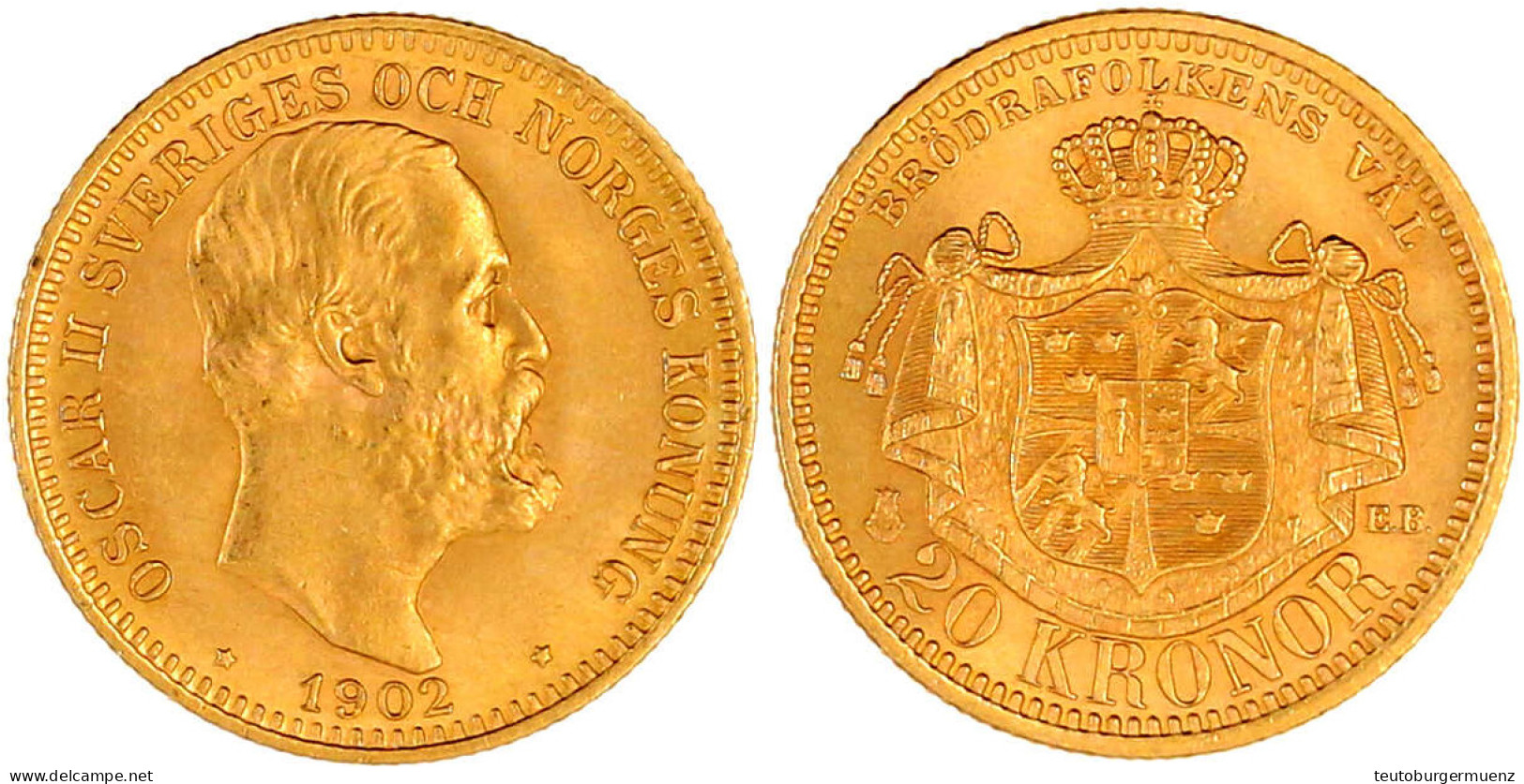 20 Kronor 1902 EB. 8,96 G. 900/1000. Fast Stempelglanz, Prachtexemplar. Friedberg 93b. Krause/Mishler 765. - Zweden