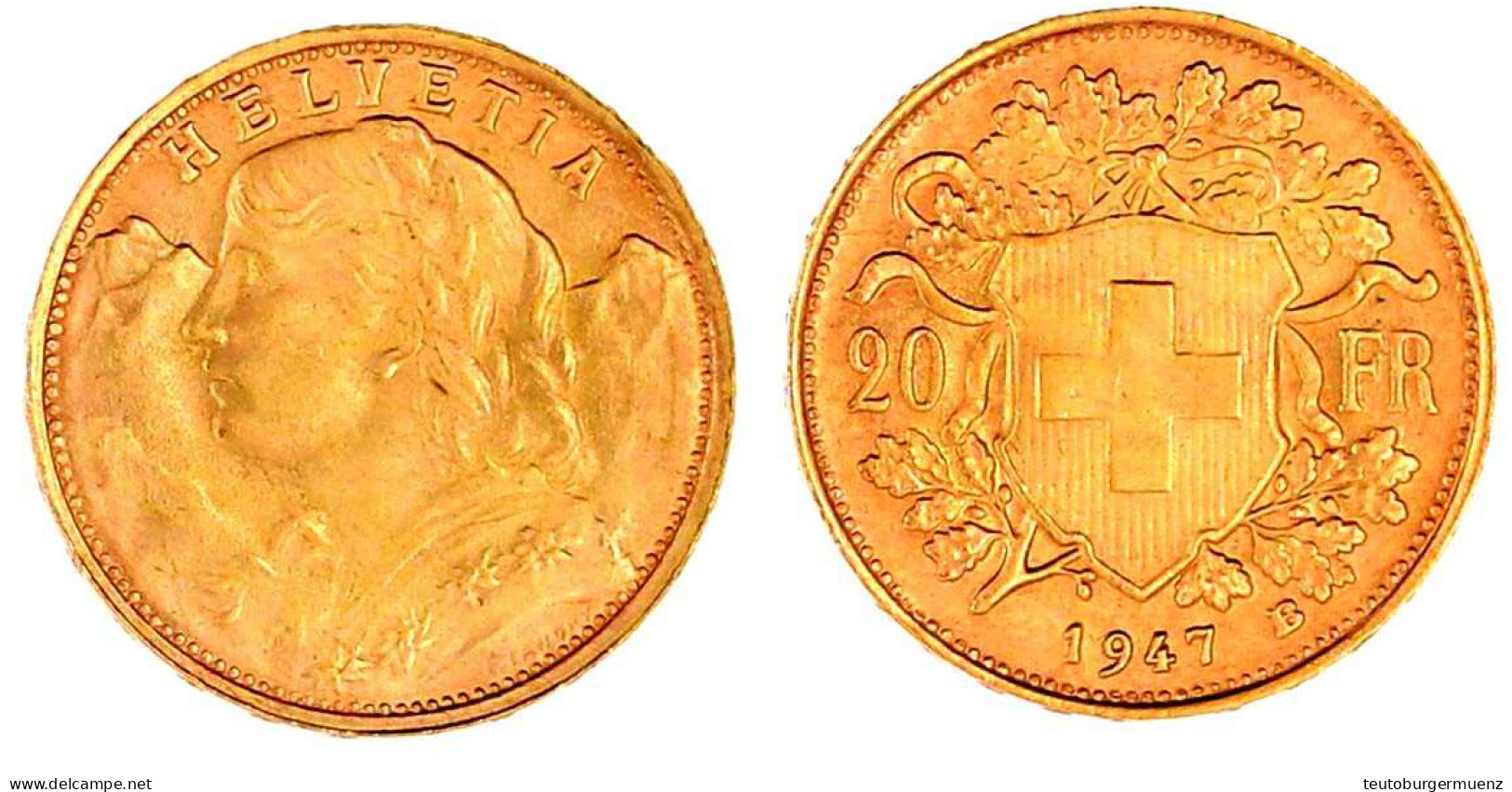 20 Franken Vreneli 1947 B. 6,45 G. 900/1000. Prägefrisch. Divo/Tobler 293. Friedberg 499. - Sonstige & Ohne Zuordnung