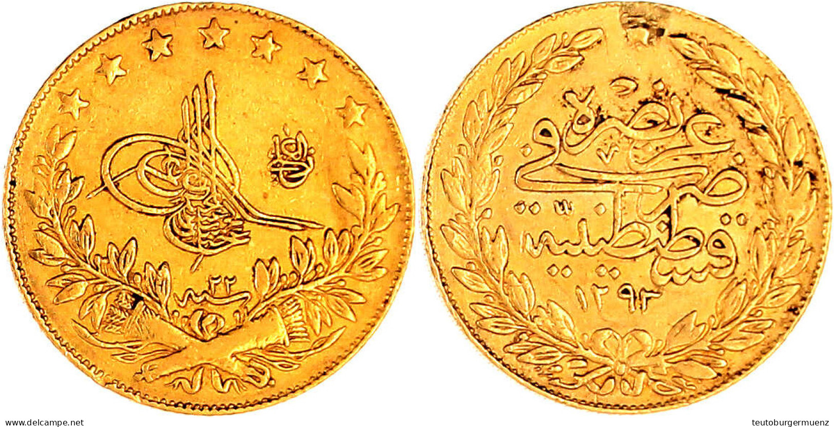 100 Kurush Jahr 22 = 1896. Qustintiniyah. 7,19 G. 917/1000 Sehr Schön, Henkelspur. Krause/Mishler 730. - Turquie