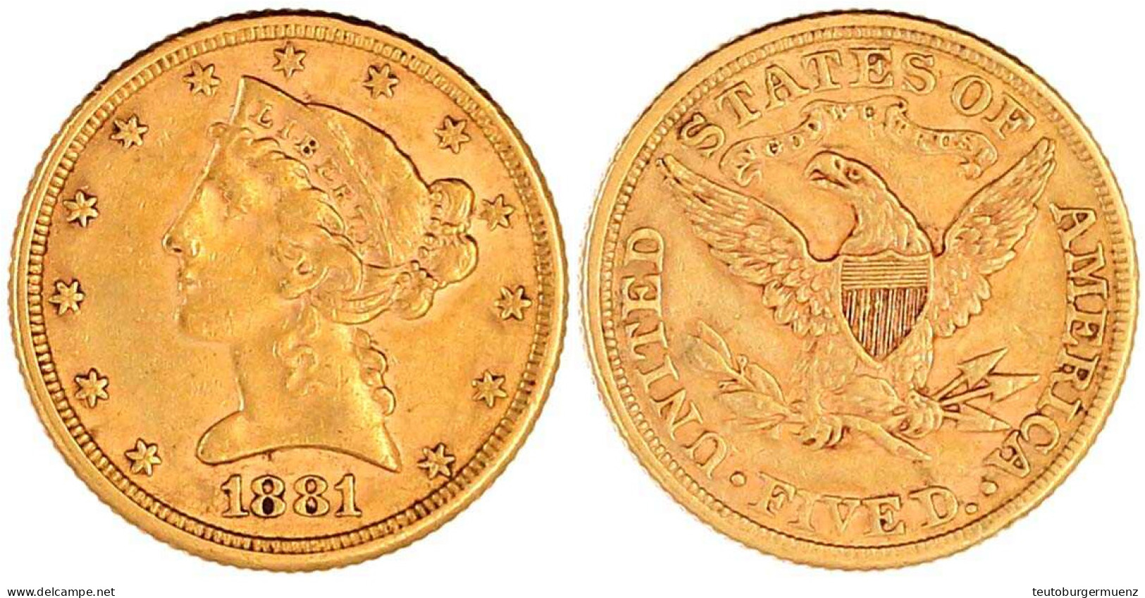 5 Dollars 1881, Philadelphia. Coronet Head. 8,36 G. 900/1000. Sehr Schön/vorzüglich. Krause/Mishler 101. Friedberg 143. - Autres & Non Classés