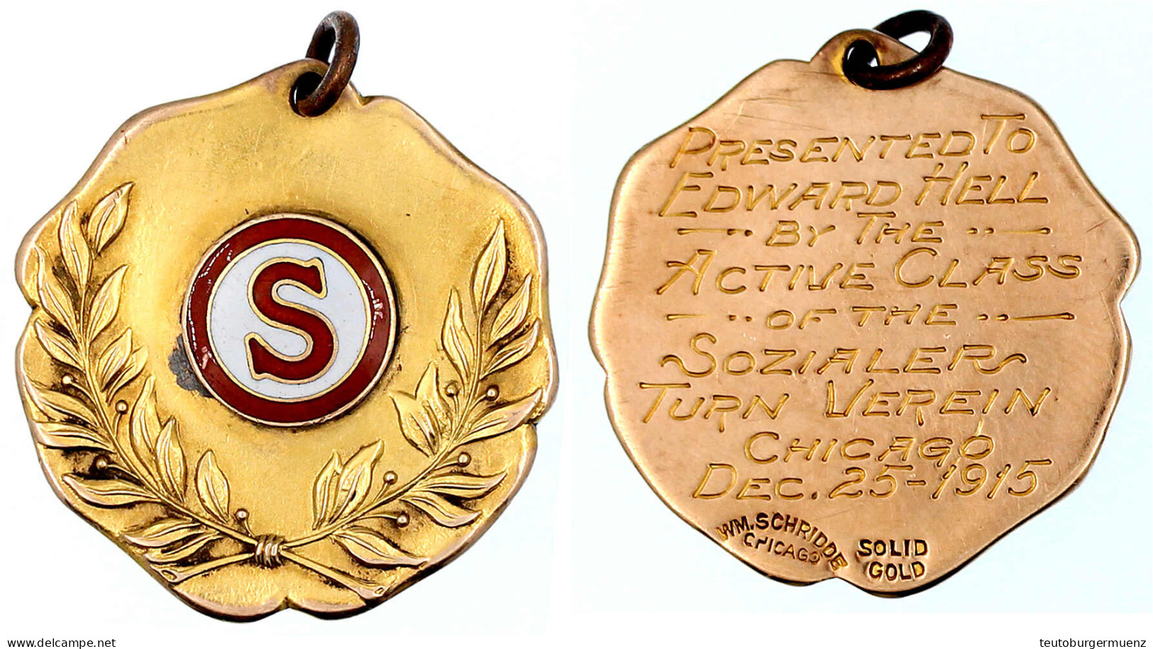 Tragbare Goldmedaille (10 Karat = 400/1000) Mit Emailliertem Aufsatz, Graviert 1915 Von WM. Schridde, Chicago. "PRESENTE - Autres & Non Classés
