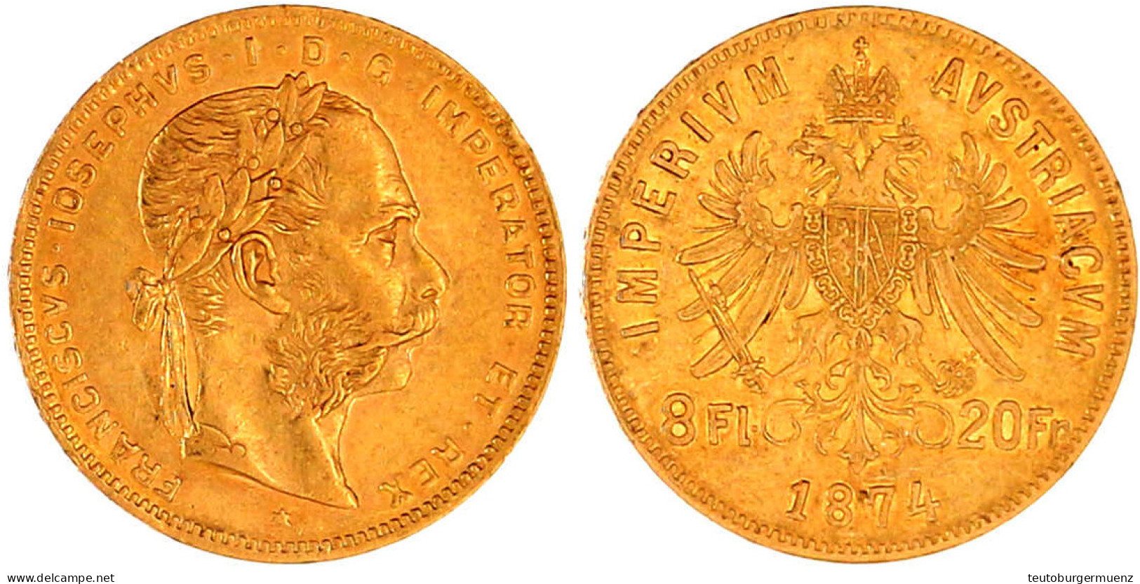 8 Florin/20 Francs 1874, Wien. 6,45 G. 900/1000. Fast Vorzüglich. Herinek 233. Friedberg 502. - Gouden Munten