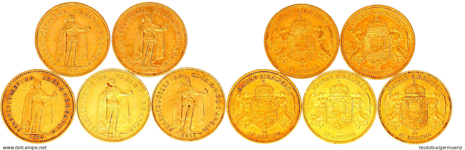 5 X 10 Kronen Ab 1892 Stehender König, Ausgabe Für Ungarn. Die Jahre 1892, 2 X 1893 Und 2 X 1911. Je 3,39 G. 900/1000. S - Gold Coins