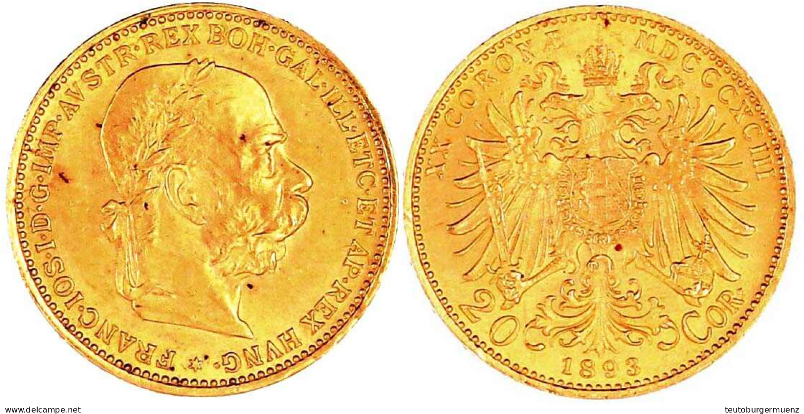 20 Kronen 1893. 6,78 G. 900/1000. Gutes Vorzüglich. Herinek 331. Friedberg 421. - Goldmünzen