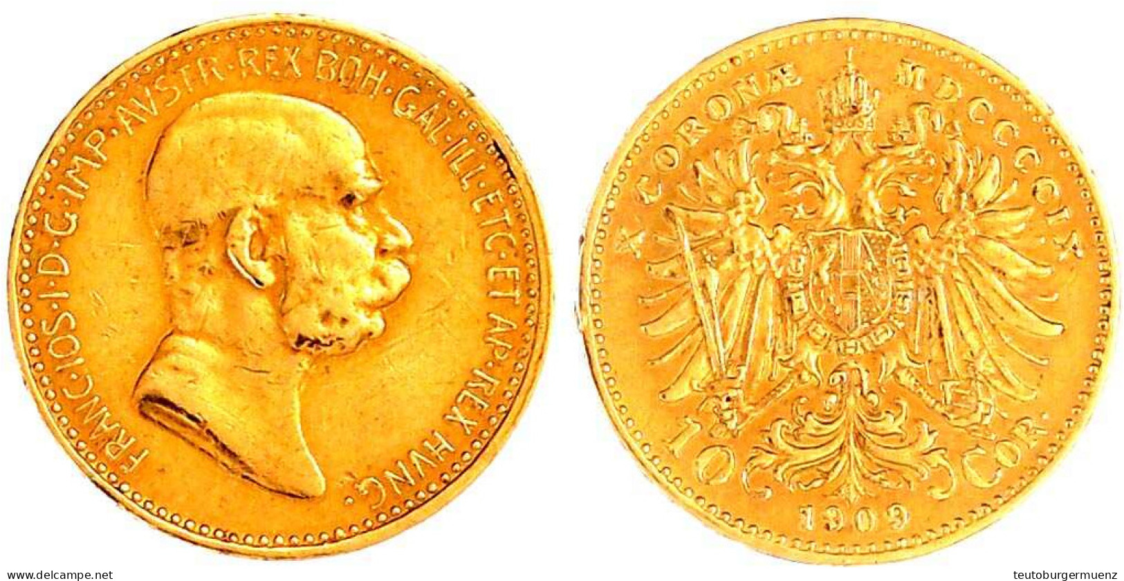 10 Kronen 1909. Typ 'Marschall'. 3,39 G. 900/1000. Sehr Schön. Herinek 387. - Gouden Munten