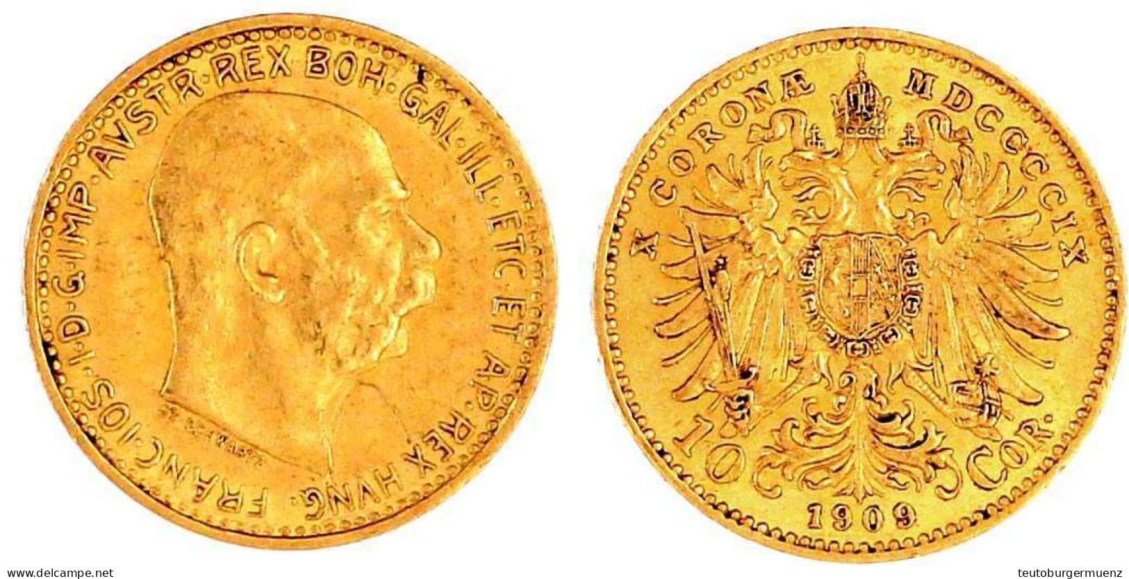 10 Kronen 1909, Typ 'Schwartz'. 3,39 G. 900/1000. Fast Vorzüglich, Kratzer. Herinek 388. - Goldmünzen