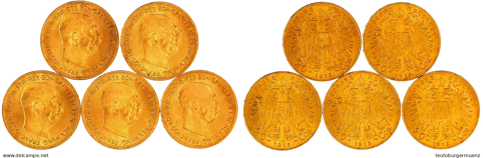5 X 20 Kronen 1915, Offizielle NP. Je 6,78 G. 900/1000. Alle Prägefrisch/Stempelglanz. Herinek 350 (5). - Monete D'oro