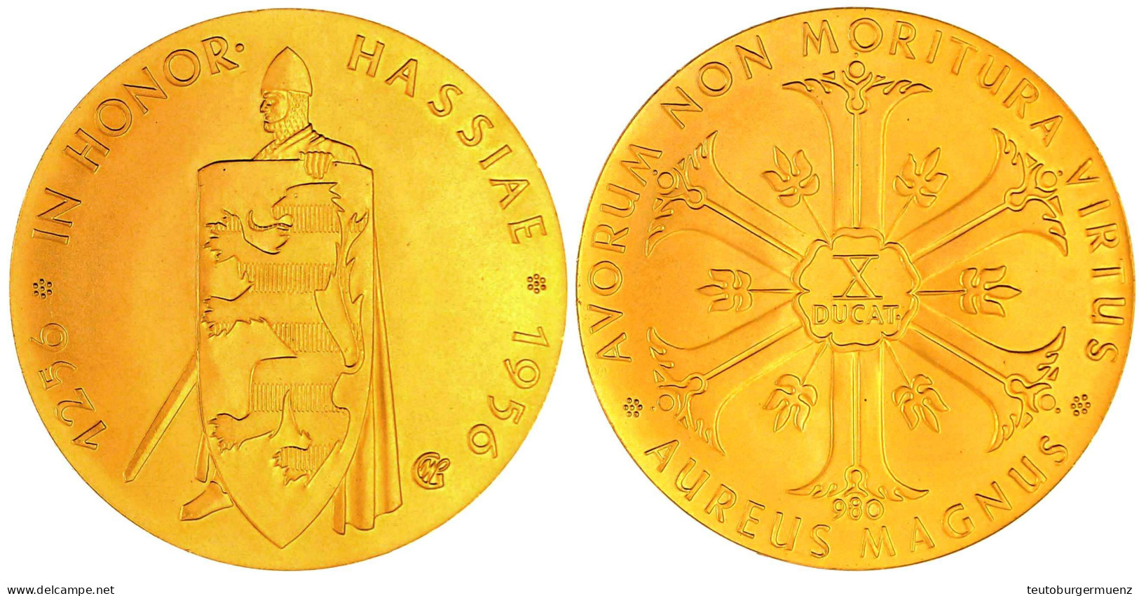 10 Dukaten 1956, Auf 700 Jahre Hessen. Stehender Ritter Mit Schwert Und Schild/Sechspass, Im Mittelschild X DUCAT, Unten - Autres & Non Classés