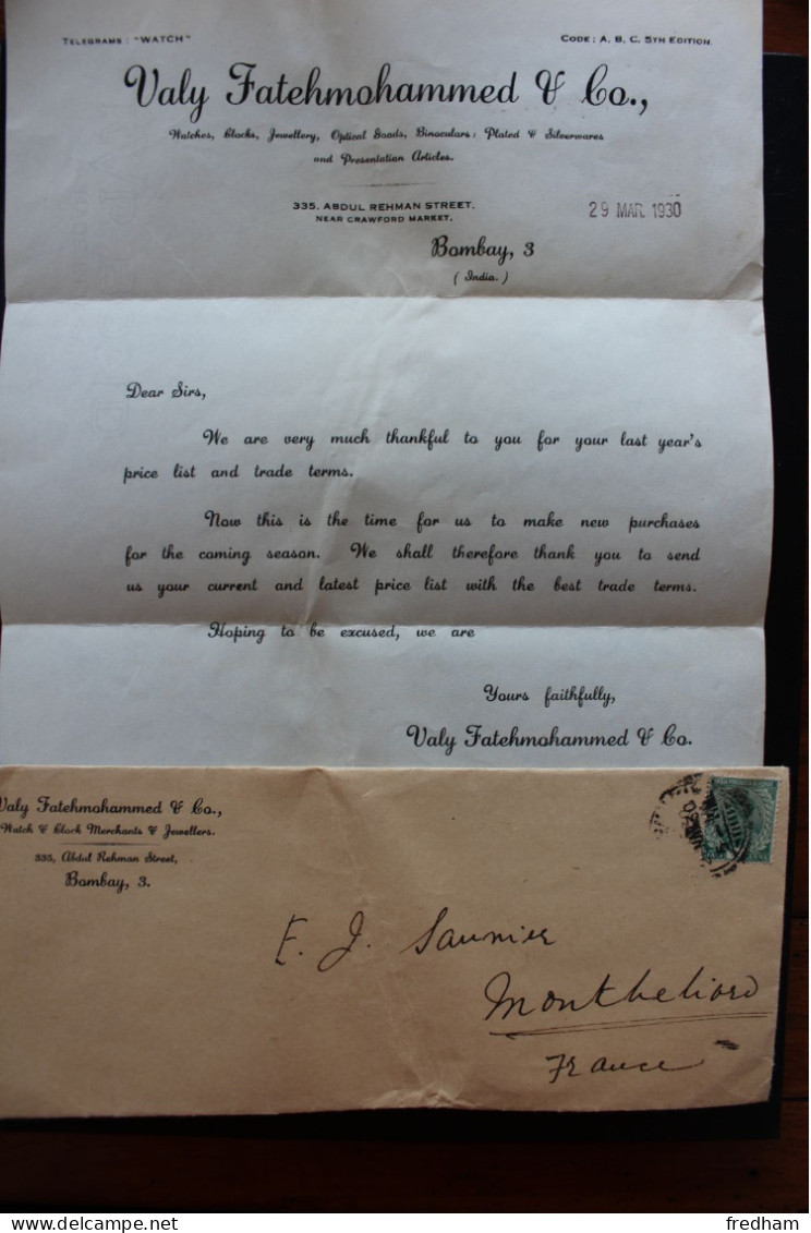 1930, BOMBAY CAD DU 28/MARS/1930 BELLE LETTRE AVEC CORRESPONDANCE 1/2 ANNA GEORGES V POUR MONTBELIARD FRANCE - 1911-35 King George V