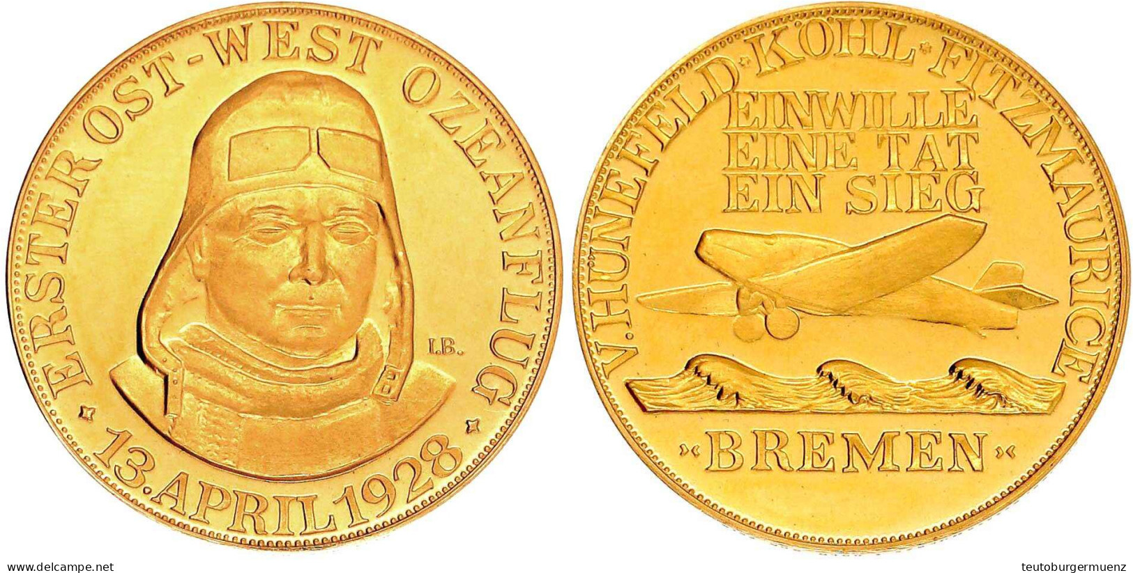 Goldmedaille 1928 Von Bernhart. Auf Den Ersten Ost-West-Ozeanflug Der Bremen. Brustbild Köhls V. V./Flugzeug über Wellen - Ohne Zuordnung