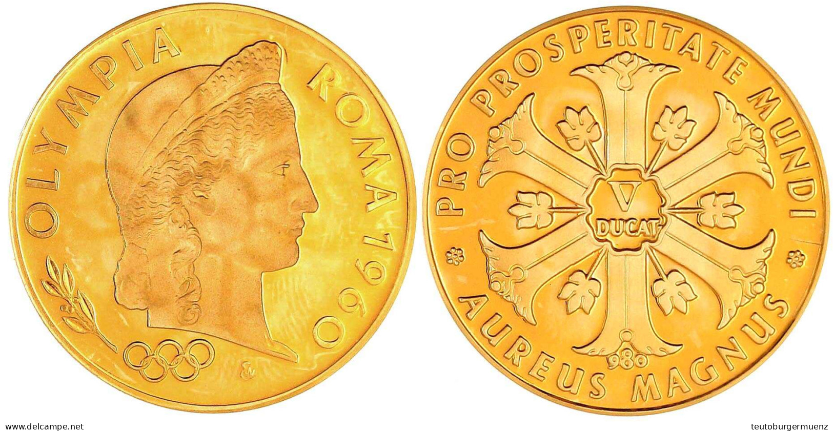 Goldmedaille Zu 5 Dukaten 1960 Zur Olympiade In Rom. Roma-Kopf Mit Krone, Unten Olympische Ringe/Wert Im Sechspass. 35,5 - Non Classés