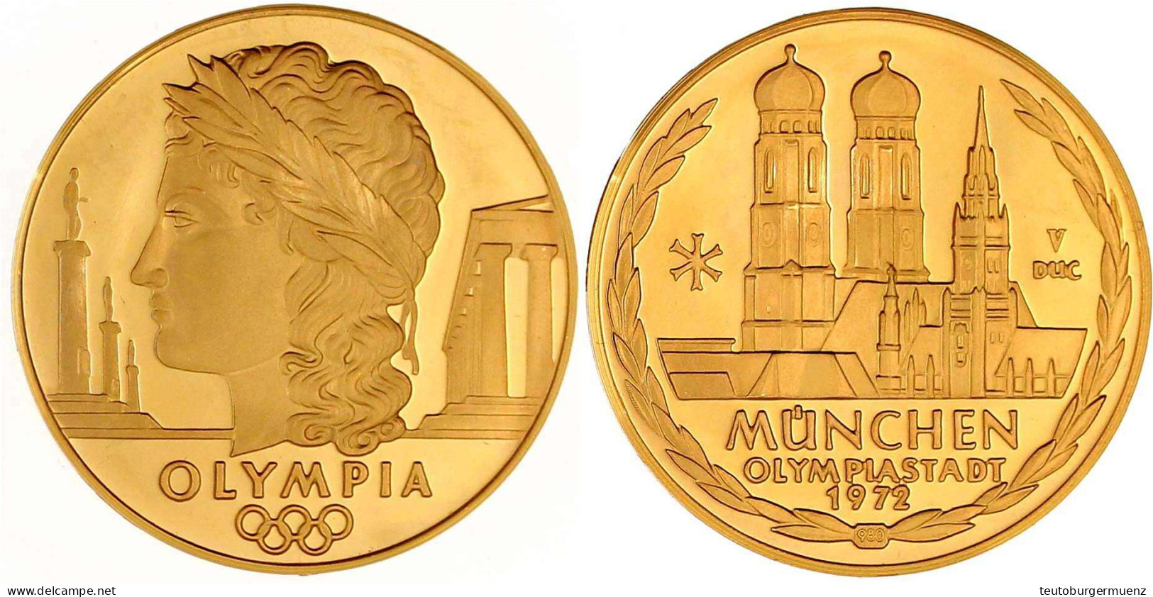 Goldmedaille Zu 5 Dukaten 1972 Auf Die Olympiastadt München. Antiker, Belorbeerter Kopf Vor Antiken Gebäuden/Frauenkirch - Non Classés