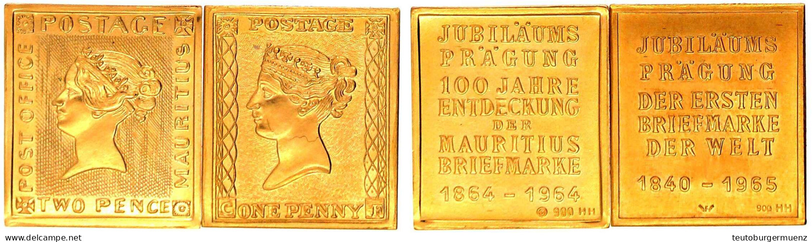 2 Briefmarken-Prägungen In 900/1000 Gold O.J. (ca. 1975). Blaue Mauritius Und GB Black Penny. Zusammen 13,74 G. Alle Ste - Non Classés
