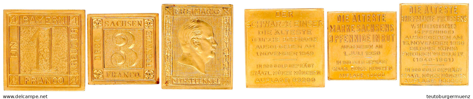 3 Deutsche Briefmarken-Prägungen In 900/1000 Gold O.J. (ca. 1975). Bayern Schwarzer Einser, Sachsendreier Und Preußen 1/ - Ohne Zuordnung