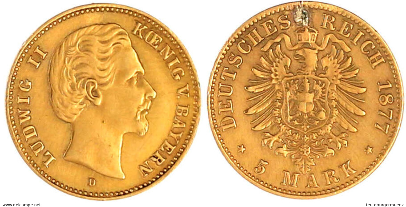 5 Mark 1877 D. Sehr Schön, Henkelspur. Jaeger 195. - 2, 3 & 5 Mark Silber