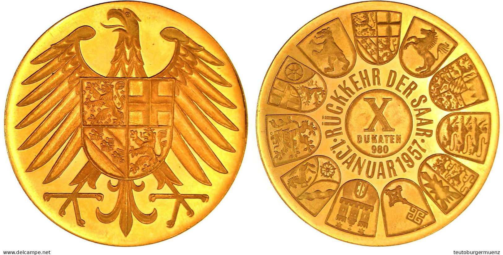 Große Goldmedaille Zu 10 Dukaten 1957. Rückkehr Der Saar. 34,82 G. 980/1000. Polierte Platte - Andere & Zonder Classificatie