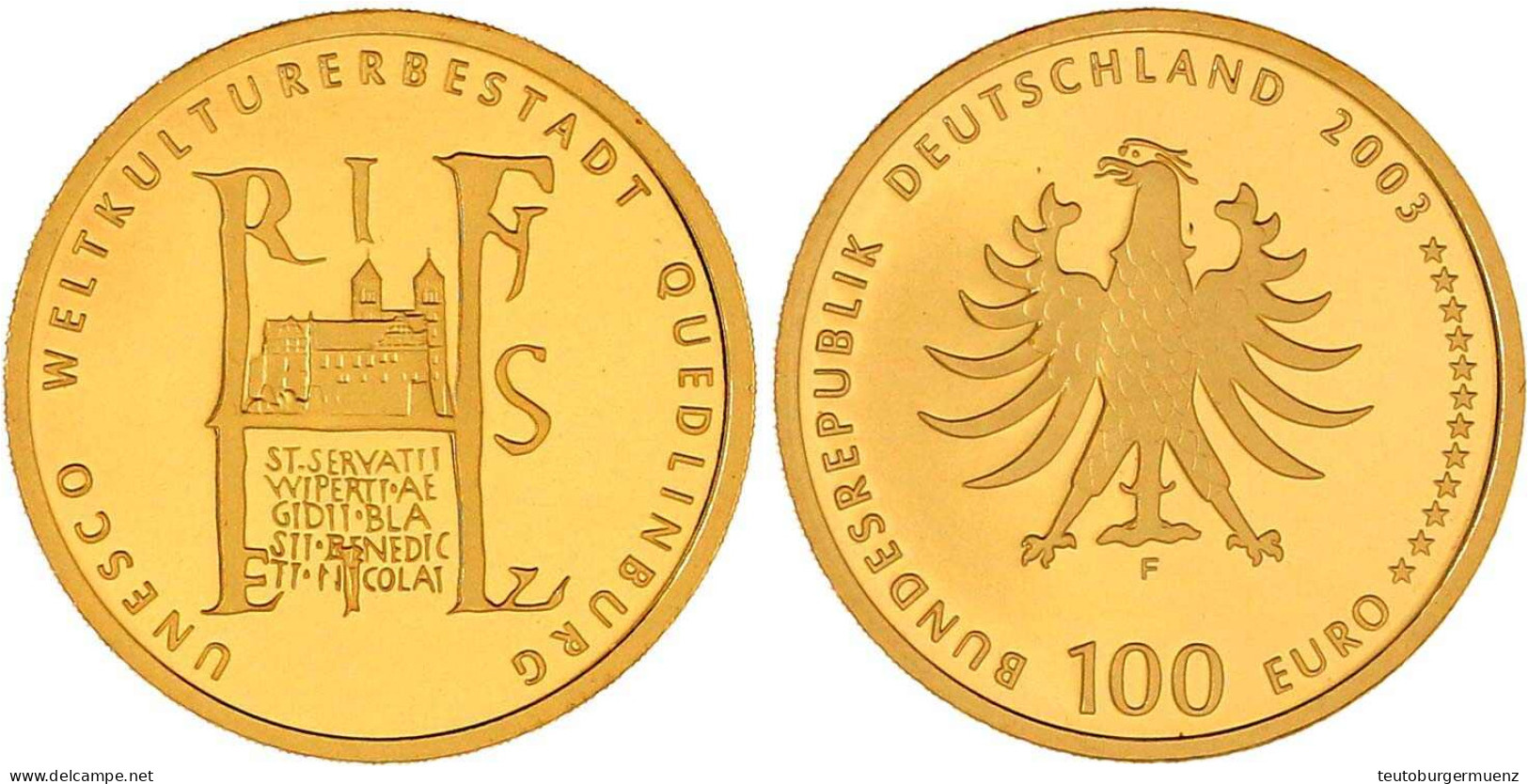 100 Euro 2003 F, Quedlinburg. 1/2 Unze Feingold. In Kapsel Mit Zertifikat. Stempelglanz. Jaeger 502. - Alemania