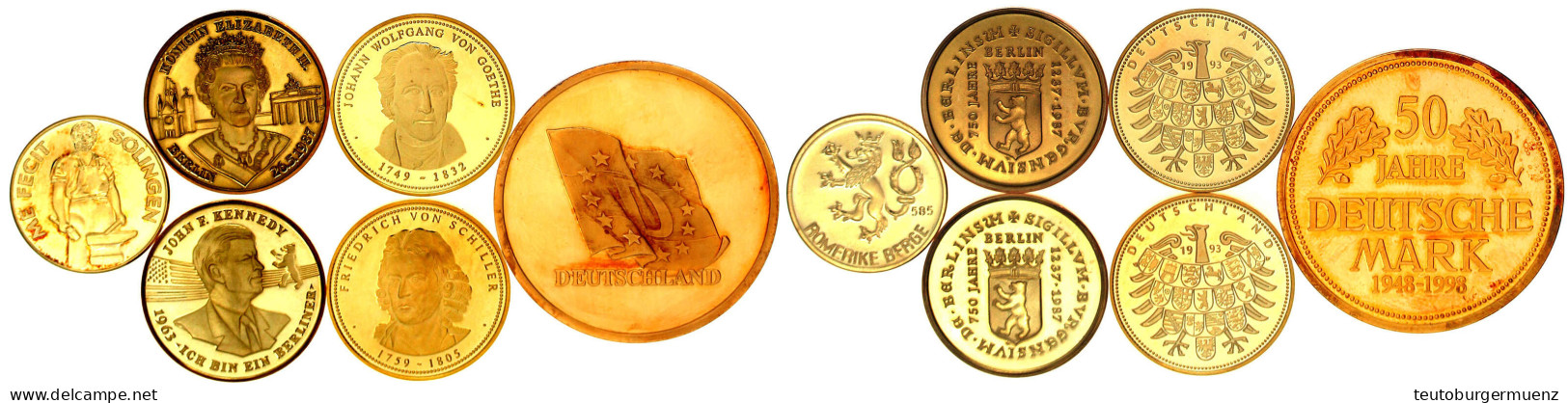 6 Goldmedaillen 585/1000. 1998 50 Jahre Deutsche Mark, Elisabeth II., Kennedy, Solingen, Schiller Und Goethe. Insg. 66,0 - Other & Unclassified