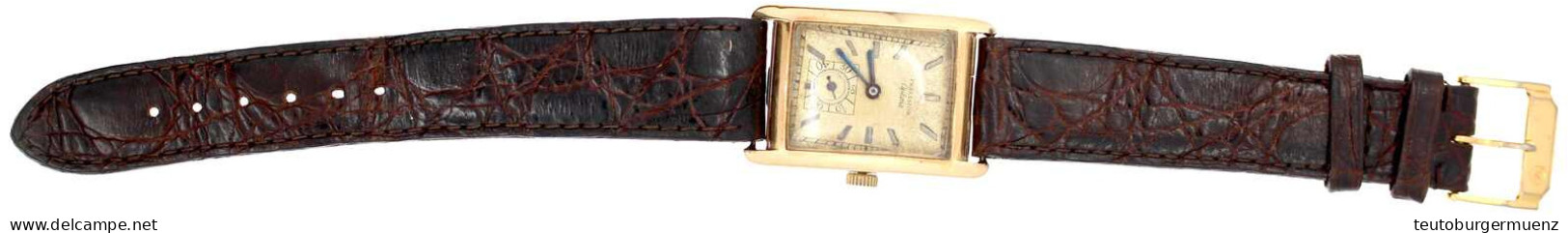 Herrenarmbanduhr PRECISION OPTIMA, Gelbgold 585/1000, Um 1940. Rechteckig, 35 X 23 Mm. Mit Neuerem Lederarmband. Gesamtg - Autres & Non Classés