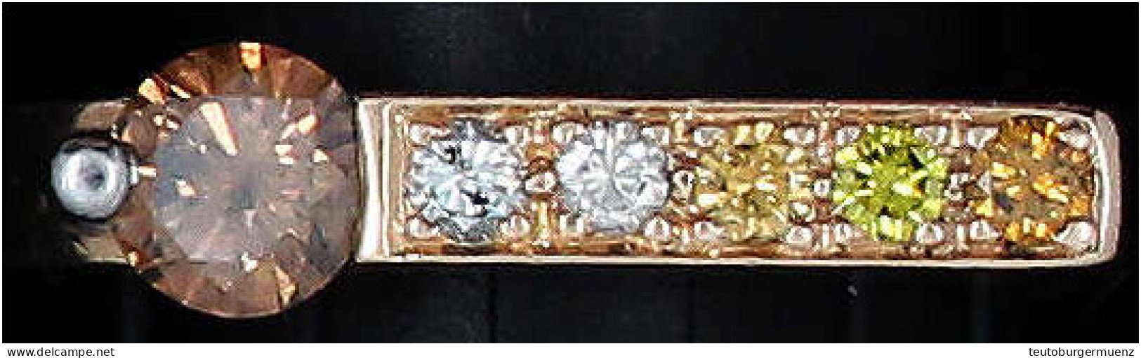 Damenring Gelbgold 585/1000, Besetzt Mit 5 Diamanten Zu Je Ca. 0,03 Ct In Versch. Farben (2 X Weiß, Gelb, Grün Und Rosee - Altri & Non Classificati