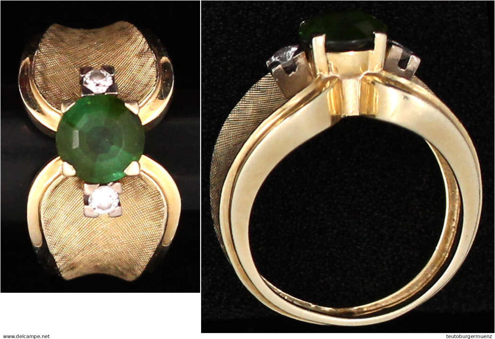 Damenring Gelbgold 585/1000 Mit Großem Grünem Saphir Oder Smaragd (?) Und 2 Kl. Diamanten. Ringgröße 17. 7,73 G - Autres & Non Classés