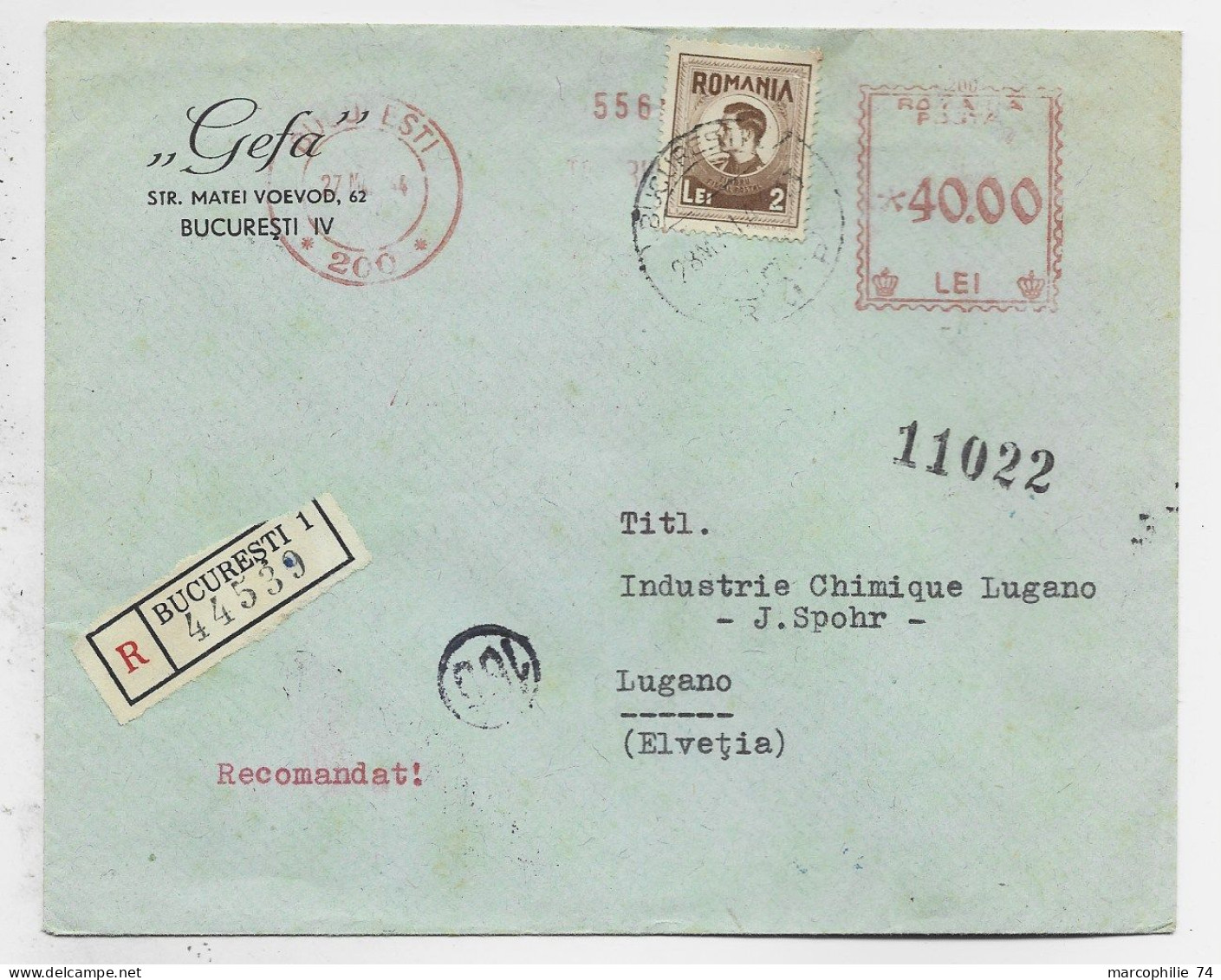 ROMANIA ROUMANIE 2 LEI + EMA 40.00 LETTRE REC COVER BUCURESTI 1944 LUGANO PREGASSONA SUISSE ZENZURAT - Lettres & Documents