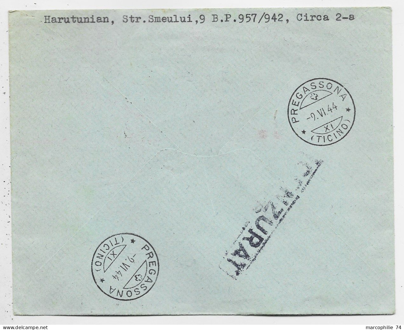 ROMANIA ROUMANIE 2 LEI + EMA 40.00 LETTRE REC COVER BUCURESTI 1944 LUGANO PREGASSONA SUISSE ZENZURAT - Lettres & Documents
