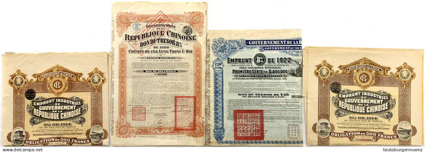 4 Chines. Histor. Wertpapiere: 500 Francs Anleihe 1920 Der Lung-Tsing-U-Hai Eisenbahn, 2 X Obligation über 500 Francs 19 - Chine