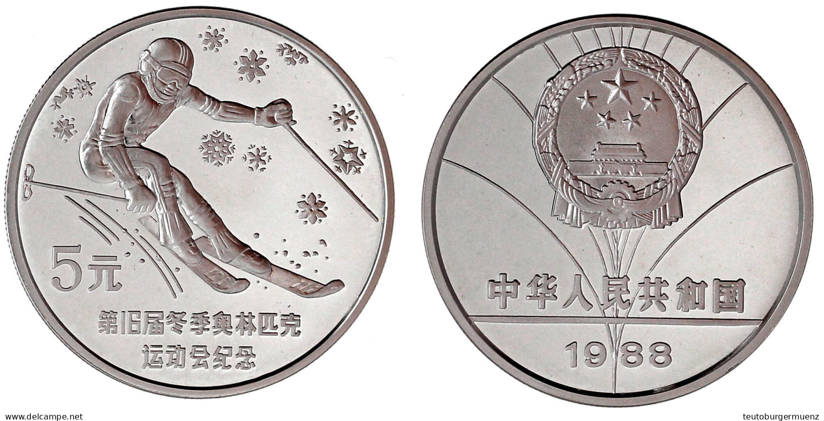 5 Yuan Silber 1988. Olympiade Calgary, Abfahrtsläufer. In Kapsel. Polierte Platte. Krause/Mishler 201. Schön 169. - China