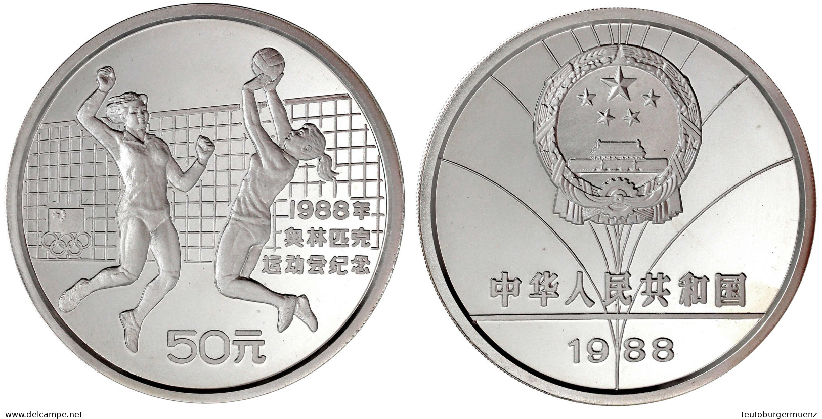 50 Yuan 5 Unzen Silbermünze 1988. Olympiade/Volleyball. Im Etui Und In Kapsel Mit Zertifikat. Polierte Platte, Etwas Pat - China