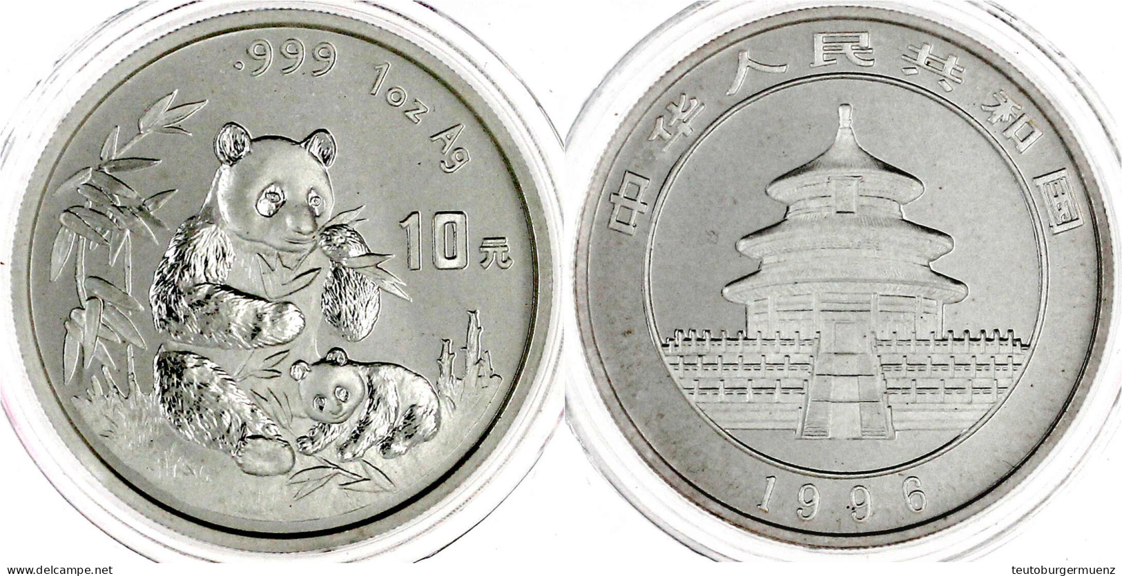 10 Yuan Panda Silber (1 Unze) 1996. Panda Mit Jungtier. Large Date. In Kapsel, Verschweißt. Stempelglanz. Krause/Mishler - China