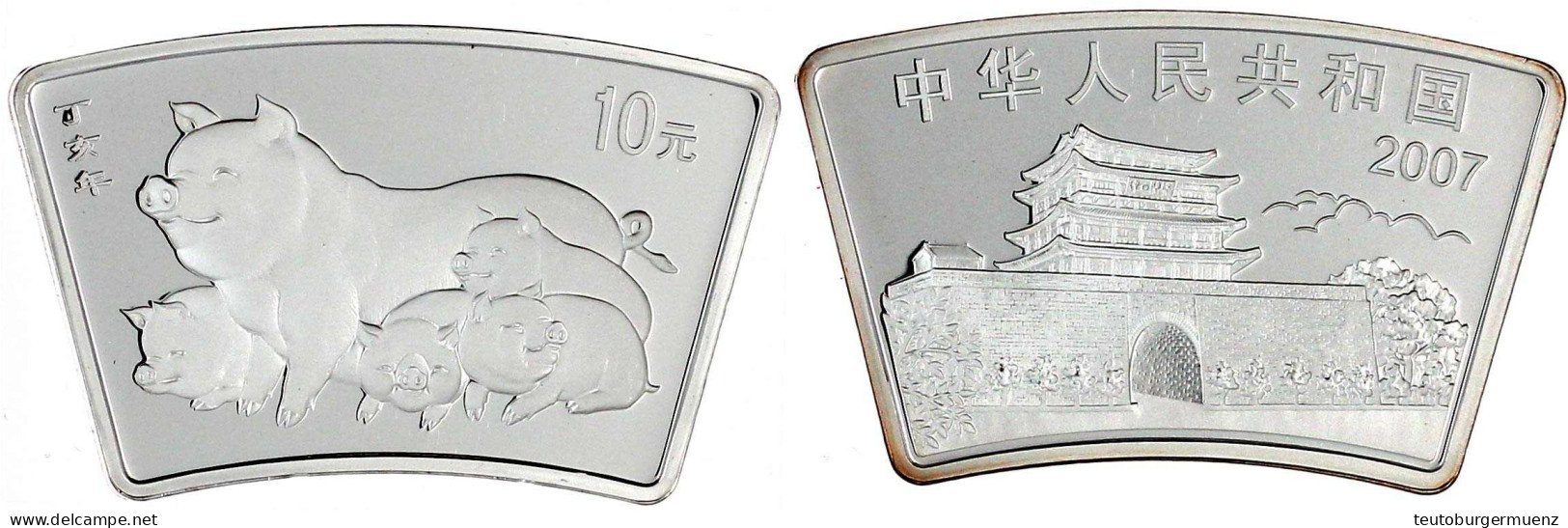 10 Yuan Silber (fächerförmig) 1 Unze 2007. Jahr Des Schweins. Im Originaletui Mit Zertifikat Und Umverpackung. Polierte  - China