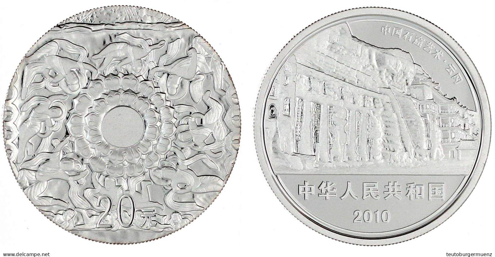 20 Yuan Silber (2 Unzen) 2010. Chinesische Höhlenmalerei. Grotten Von Yungang. Lotusblüte Im Kreis Von Apsaren. In Origi - China