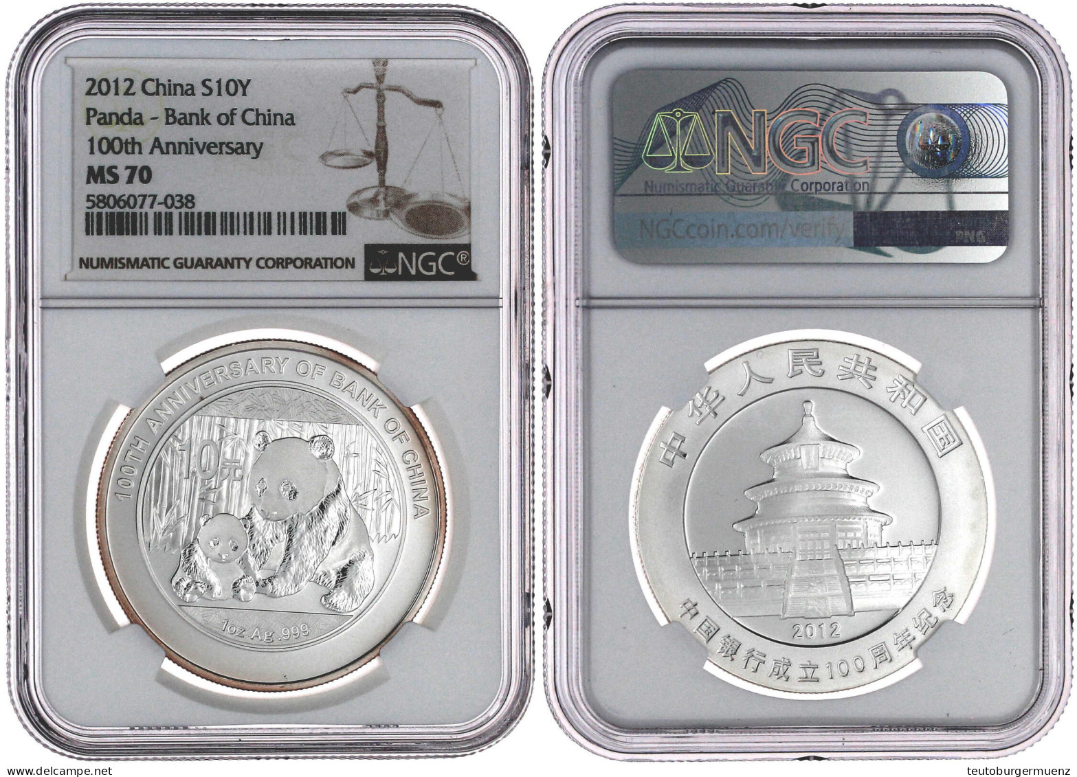 10 Yuan Panda (1 Unze) Silber 2012. Panda Mit Jungtier. Mit Gedenkinschrift "100 Jahre Bank Of China". Im NGC-Blister Mi - Chine