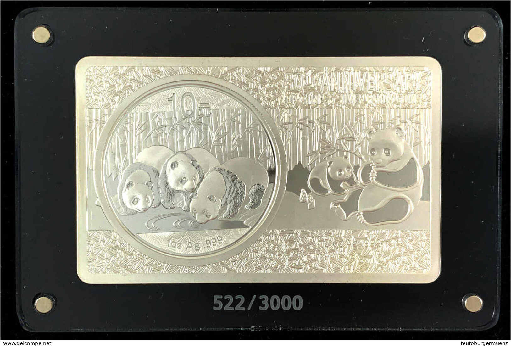 Set 30 Jahre Silberpandas 2013. 10 Yuan Panda (1 Unze) Eingelegt In Ein 2 Unzen Feinsilberbarren. In Originalschatulle M - China