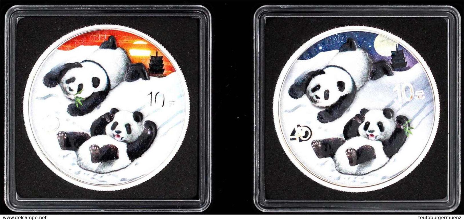 Panda-Satz Night &amp; Day 2022. 2 X 10 Yuan. Je 30 Gramm Feinsilber Mit Farbapplikation. In Holzschatulle Mit Zertifika - Chine