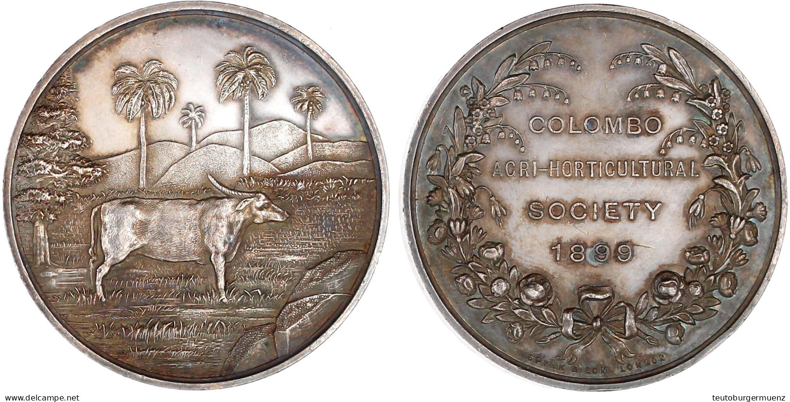 Silbermedaille Der Colombo Agri-Horticultural Society 1899 V. Spink &amp; Son. Wasserbüffel Im Reisfeld Vor Palmen/Schri - Sri Lanka (Ceylon)
