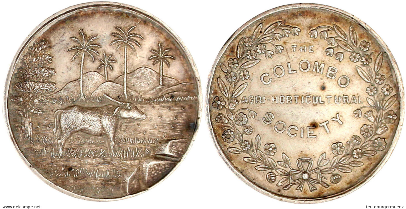 Silbermedaille Der Colombo Agri-Horticultural Society O.J. (um 1900, Unsign). Wasserbüffel Im Reisfeld Vor Palmen/Schrif - Sri Lanka (Ceylon)