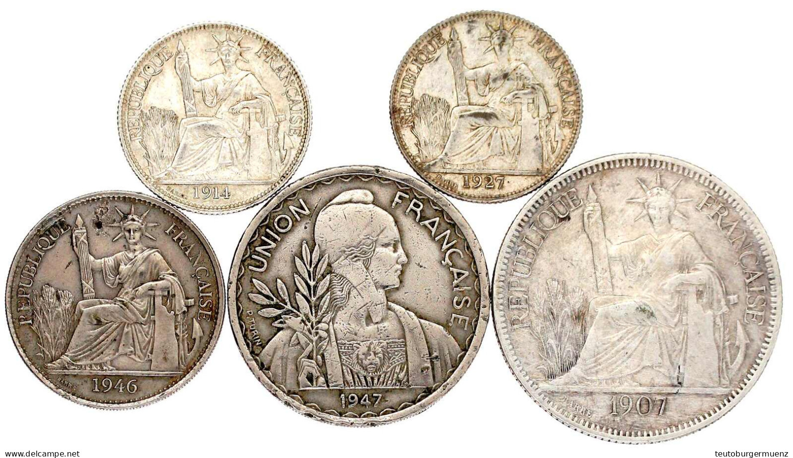 5 Stück: Piaster 1907 A, 1947, 50 Cents 1946, 20 Cents 1914 Und 1927. Fast Sehr Schön Bis Vorzüglich - Frans-Indochina