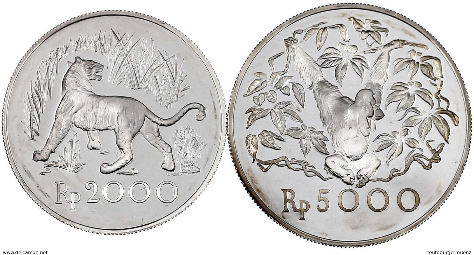 2 Silbermünzen: 2000 Und 5000 Rupien 1974. Java Tiger Und Orang-Utan. Polierte Platte. Krause/Mishler 39 Und 40a. - Indonesien