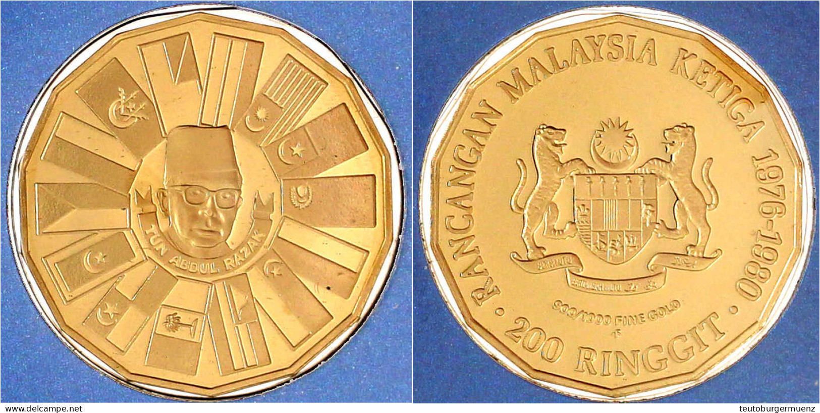 200 Ringgit GOLD 1976 Dritter 5-Jahresplan. 7,3 G. 900/1000. In Originalmappe (mittig 3/4 Eingerissen) Mit Zertifikat. P - Maleisië