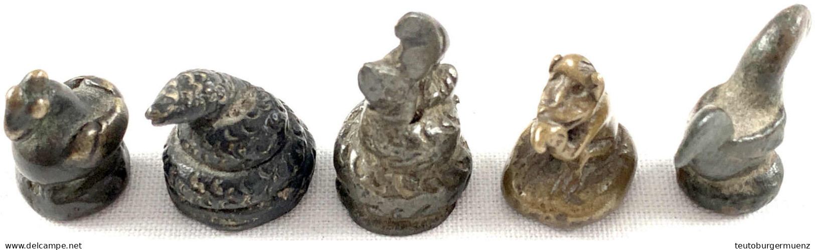 5 Bronze-Gewichte. Affe, Schlange, Ente, Etc. Zusammen 70,36 G. Sehr Schön - Birmania