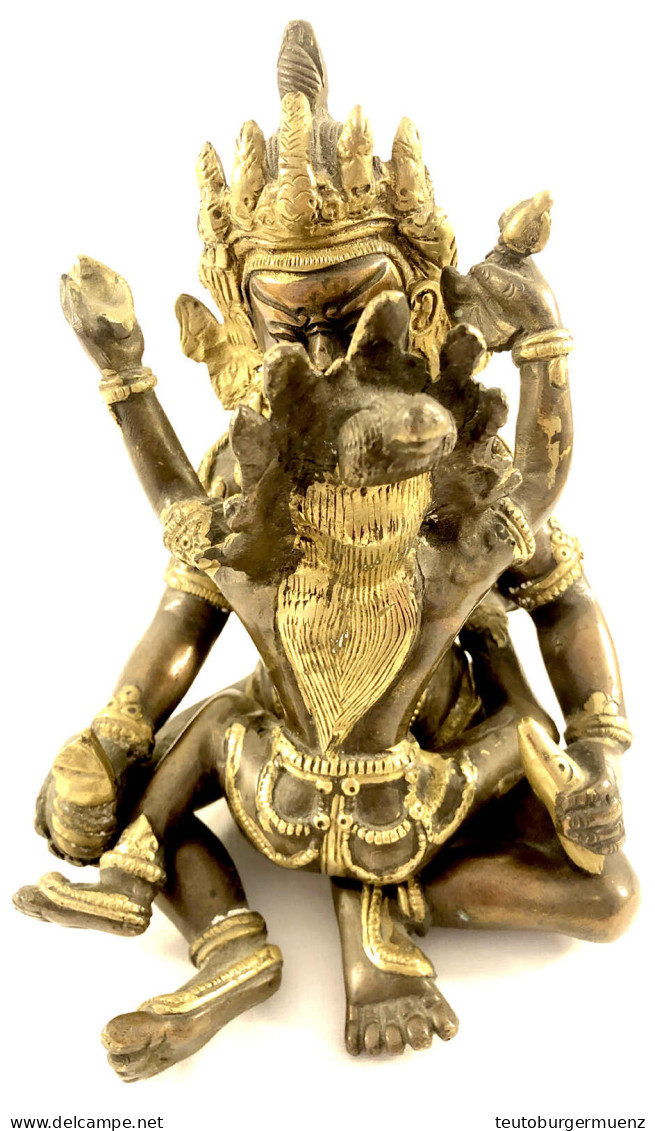 Bronzeskulptur, 18. Jahrhundert. Sogenanntes "Yab-Yum" (याम यम = "Vater-Mutter"). Zwei Zu Einer Skulptur Zusammengesetzt - Népal